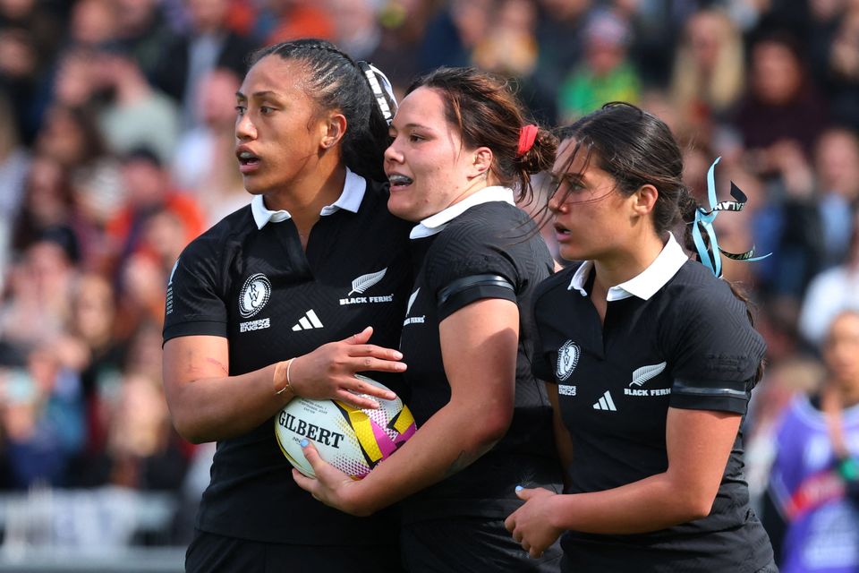 New Zealand's Kaipo Olsen-Baker celebrates scoring their sixth try with teammates in the Women's World Cup quarter-final win over South Africa at Sandy Park, Exeter
